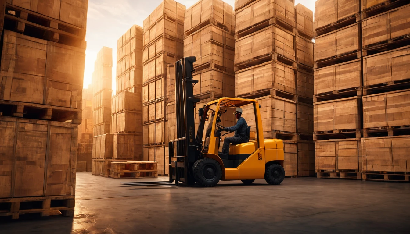 Egy sárga targonca raklapokat mozgat egy raktárban, napfényben.