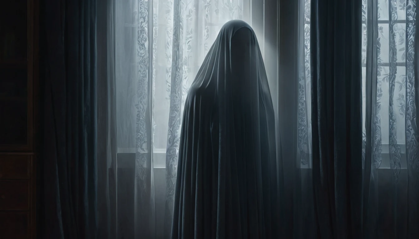 Mit jelent rejtőzködésről álmodni? - Álomfejtés és értelmezés Egy rejtőzködő alak látható, aki fátyollal takarja el magát egy ablak mellett.