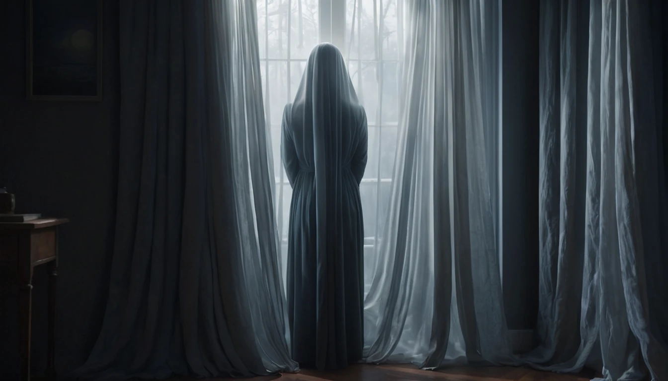 Mit jelent rejtőzködésről álmodni? - Álomfejtés és értelmezés Egy nő áll a függöny mögött, a fény a szobába áramlik, titokzatos hangulatot teremtve.