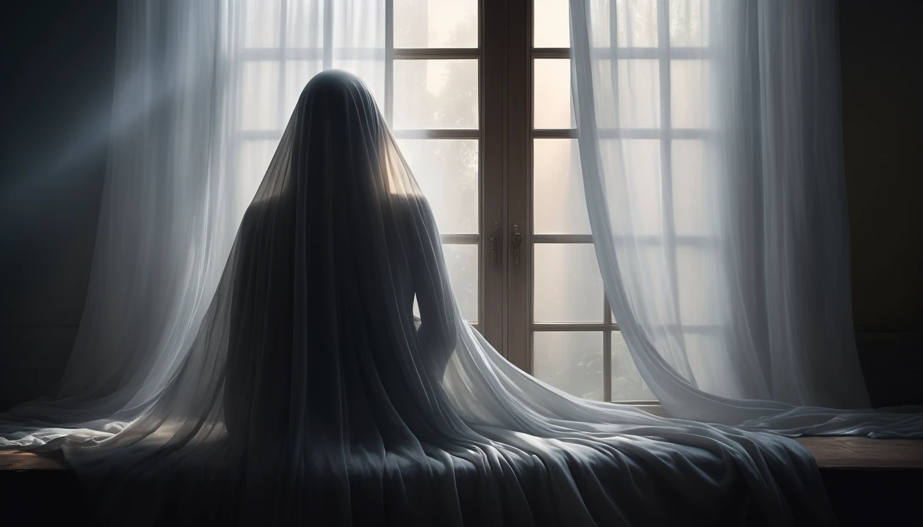 Mit jelent rejtőzködésről álmodni? - Álomfejtés és értelmezés Egy női alak ül a szobában, fátyolos anyaggal eltakarva, a fény az ablakon át szűrődik be.