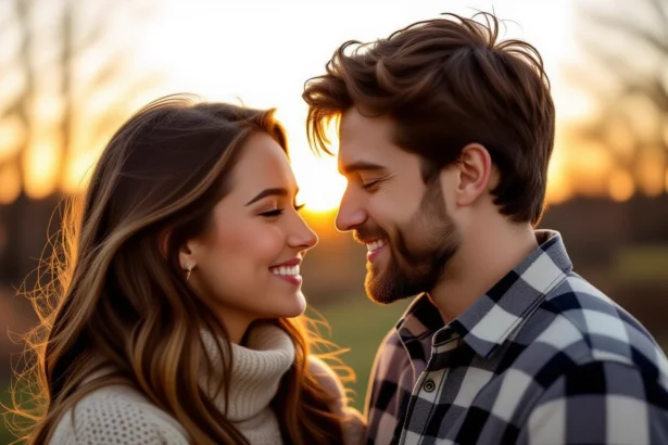 Egy fiatal pár romantikus csókra készül a naplementében, erős érzelmekkel.