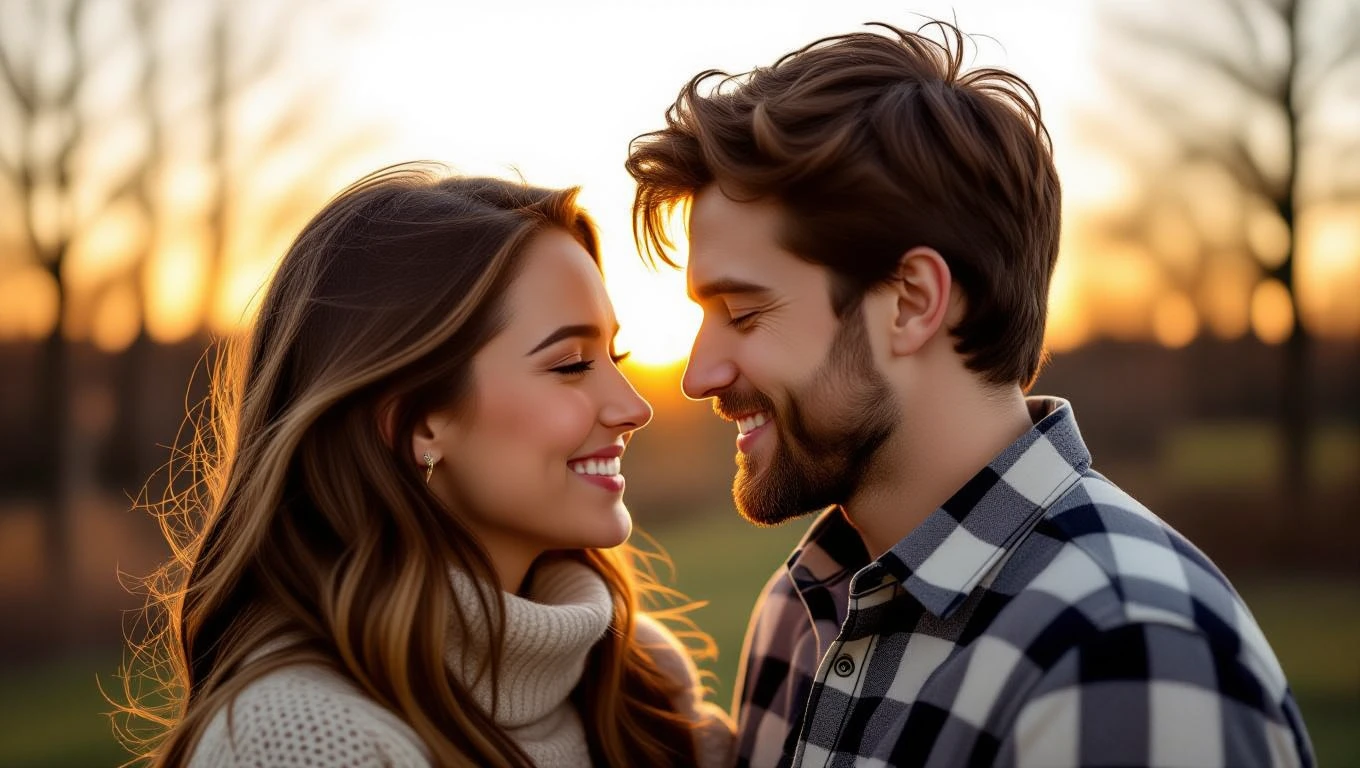 Mit jelent csókkal álmodni? – Részletes álomfejtés és értelmezés Egy fiatal pár romantikus csókra készül a naplementében, erős érzelmekkel.