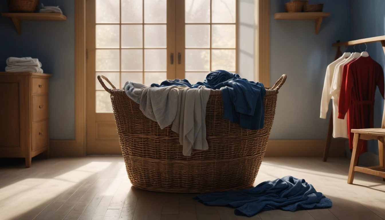 Mit jelent ruháskosárról álmodni? - Személyes álomfejtés és értelmezés Egy fonott ruháskosár, tele gyűrt ruhákkal, világos szobában.