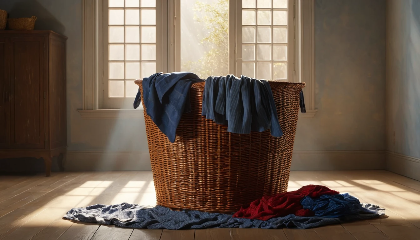Mit jelent ruháskosárról álmodni? - Személyes álomfejtés és értelmezés Ruháskosár, benne kék és piros ruhák, napfény árad a szobába.