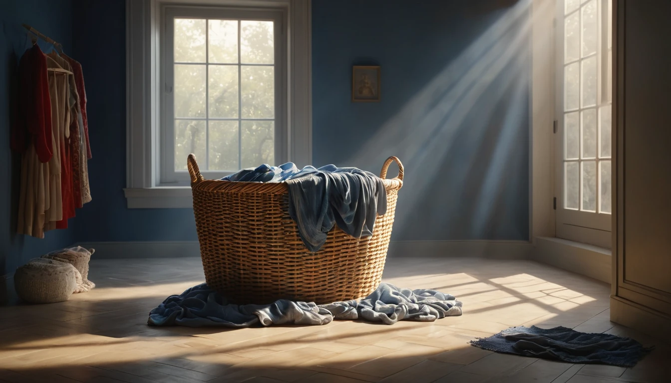 Mit jelent ruháskosárról álmodni? - Személyes álomfejtés és értelmezés Egy fonott ruháskosár, kék takarókkal, napfényben áll egy szobában.