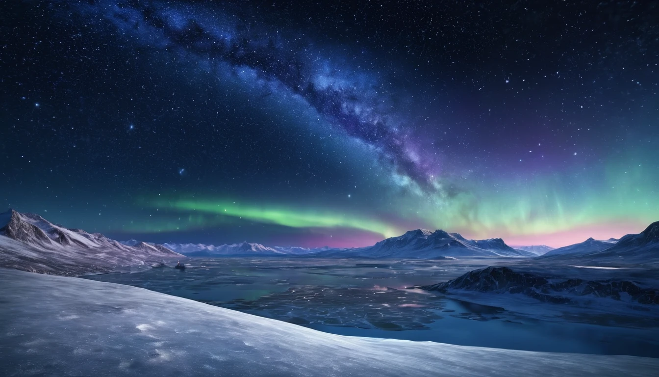 Fénylő sarkcsillag és északi fény a havas táj felett.