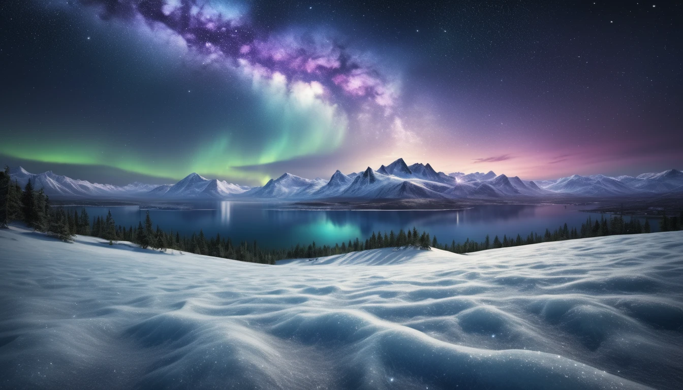 Havas táj, csillagokkal és északi fényekkel, a sarkcsillag szimbolikáját idézve.