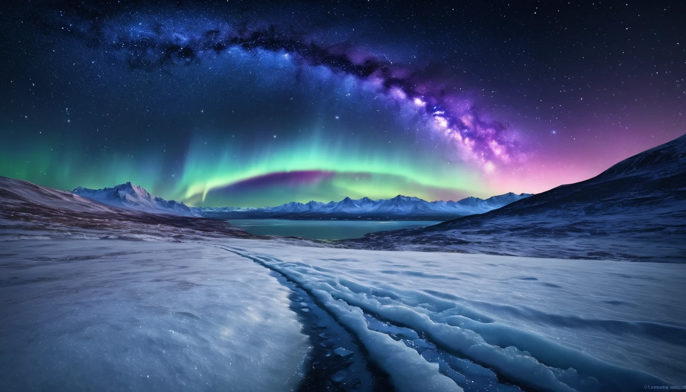 Fénylő sarkcsillag és északi fény a havas táj felett.