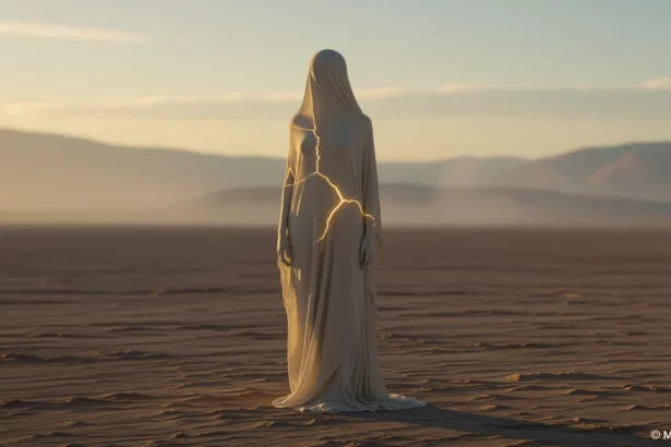 Egy sejteket idéző, fehér ruhát viselő alak áll a sivatagban, repedésekkel.