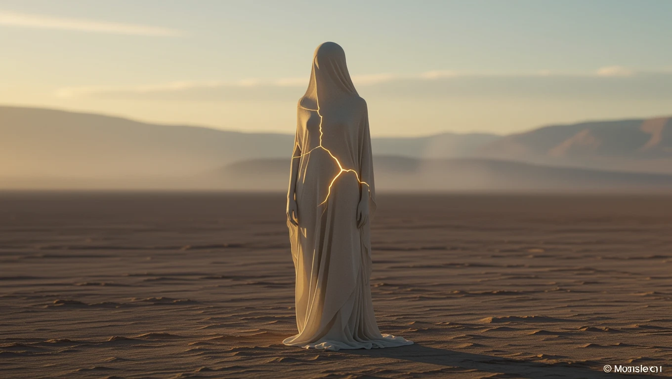 Mit jelent sérülékenységről álmodni? – Részletes álomfejtés és értelmezés Egy sejteket idéző, fehér ruhát viselő alak áll a sivatagban, repedésekkel.