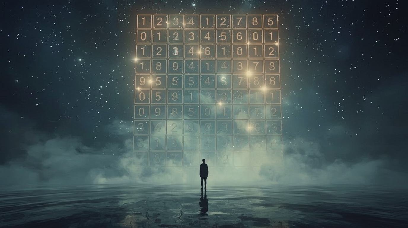 Egy álmodozó figura áll egy hatalmas sudoku táblázat előtt, csillagos ég alatt.