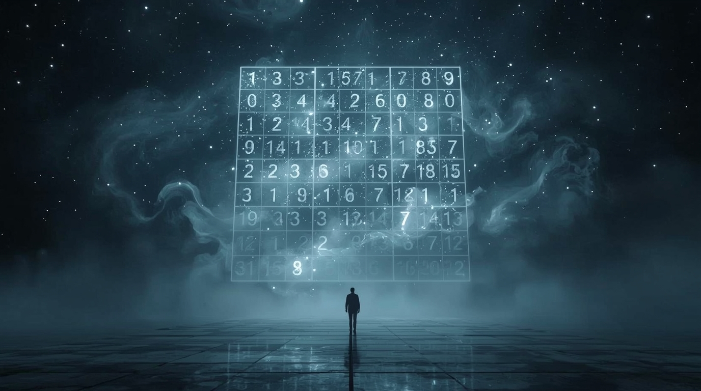 Egy ember áll egy hatalmas sudoku táblázat előtt, csillagos háttérrel.