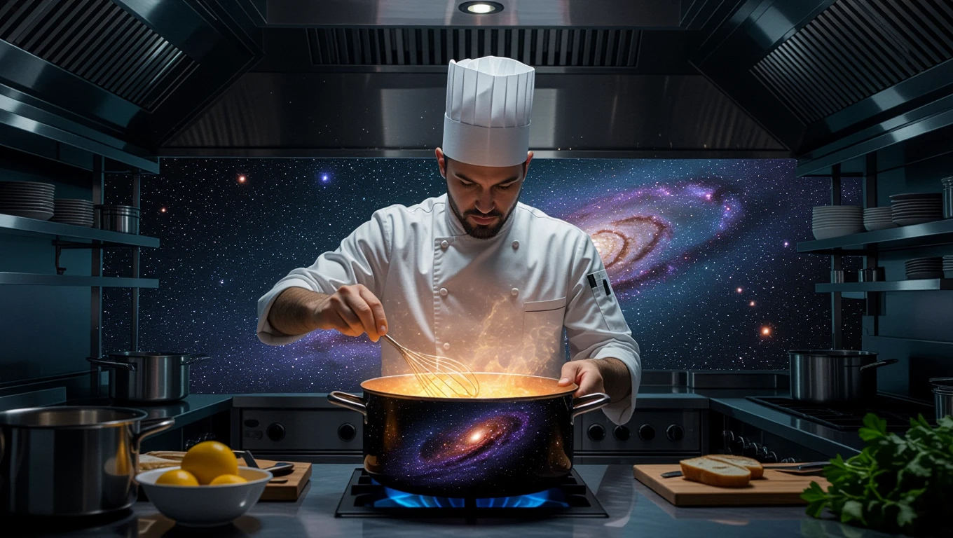 Egy szakács főz egy lábasban, amely galaxisokat ábrázol, csillagokkal teli háttér előtt.