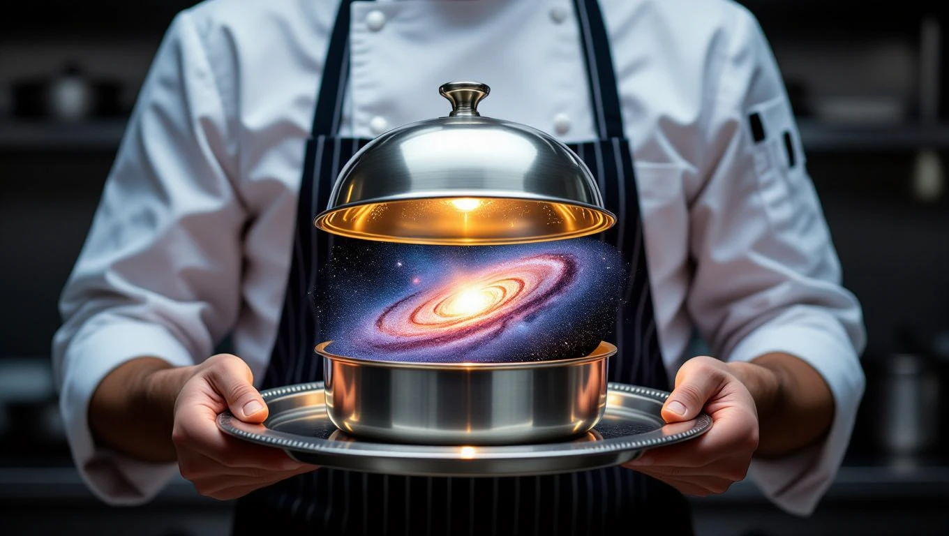Egy szakács egy tálcán egy edényt tart, amelyből galaxis látszik.