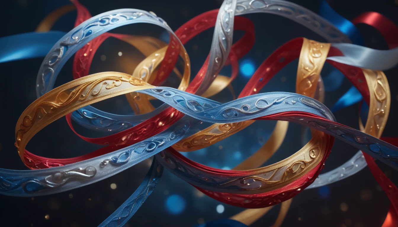 Színes szalagok kavarognak, ünnepi hangulatot árasztva.