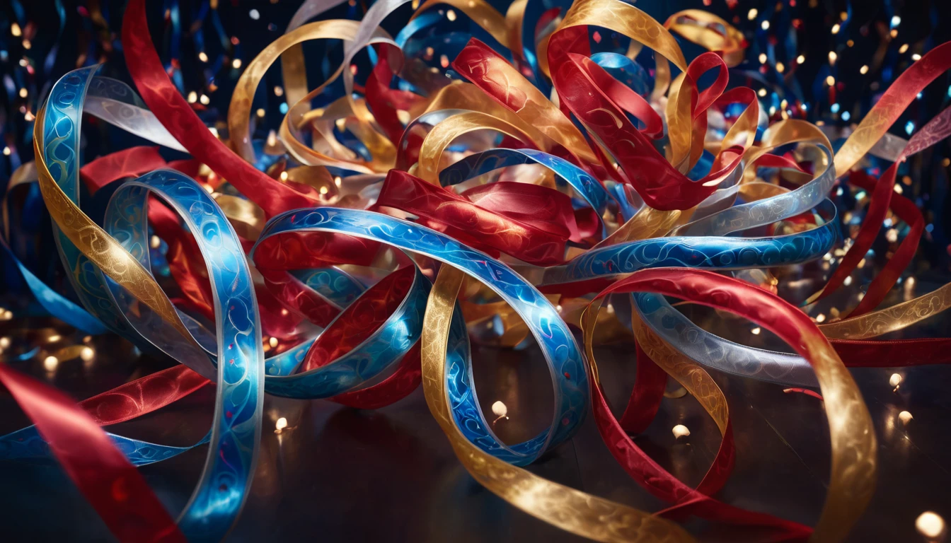 Színes szalagok kusza halmaza, ünnepi hangulatot árasztva.