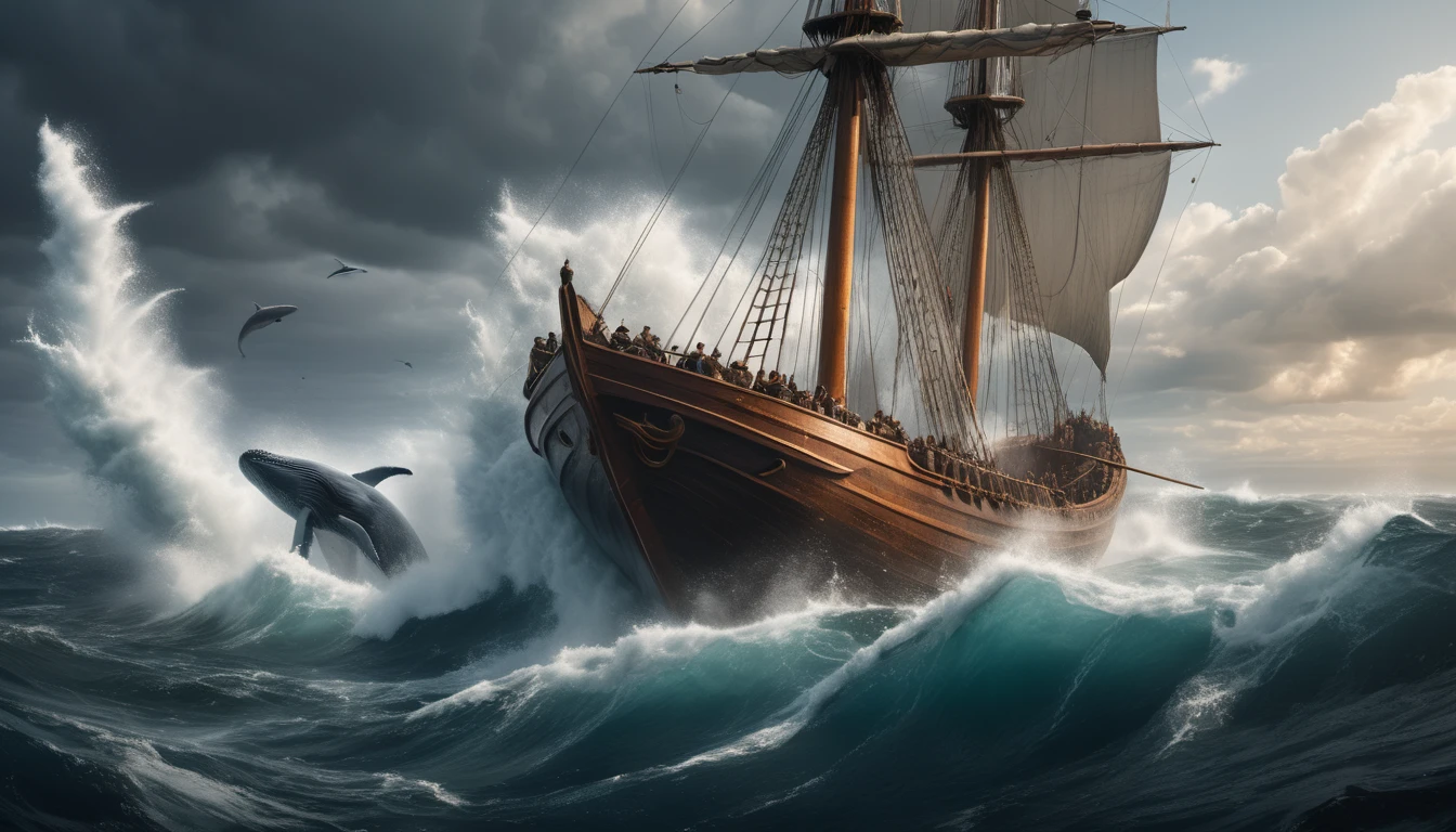 Egy viharos tengeren hajózó, szigonyt tartó hajó, amely a célokért küzd.