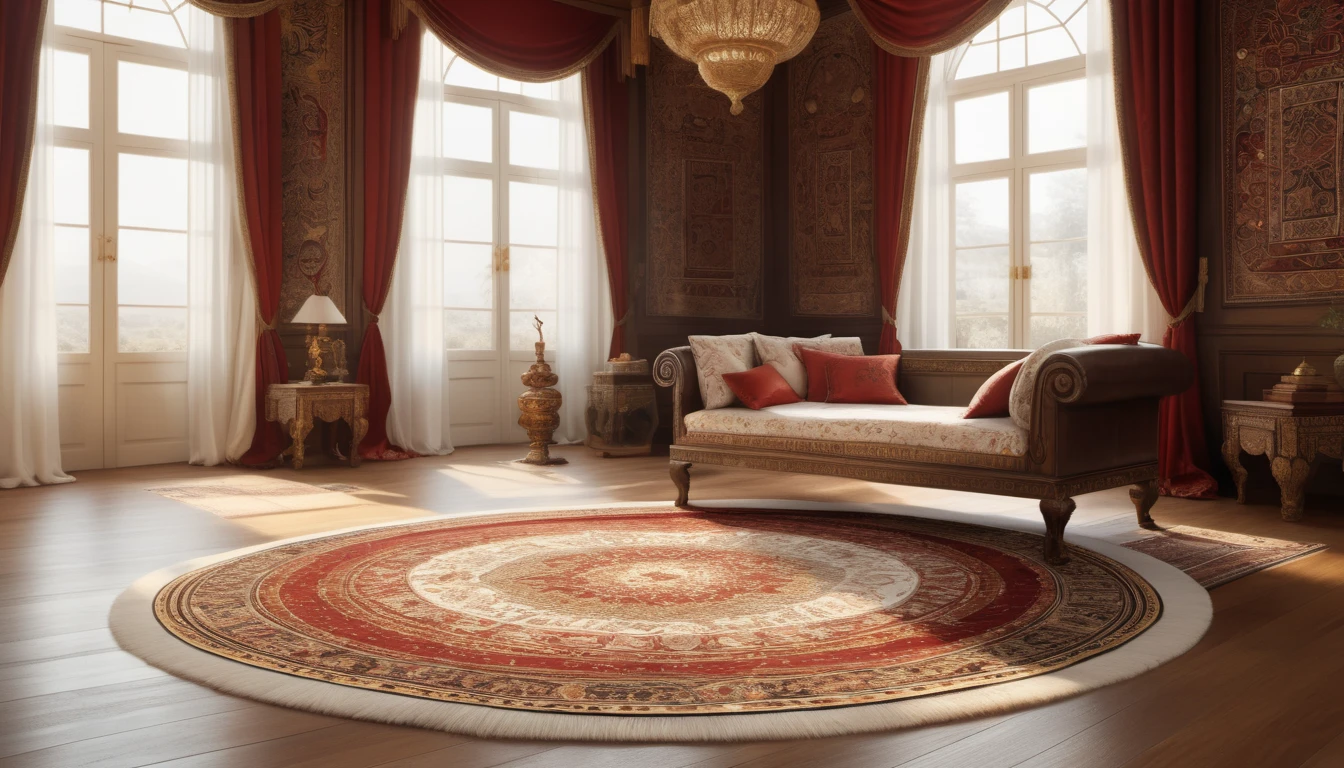 Mit jelent szőnyegről álmodni? - Személyes álomfejtés és értelmezés Elegáns szőnyeg egy fényes, tágas szobában, ablakokkal és díszes bútorokkal.