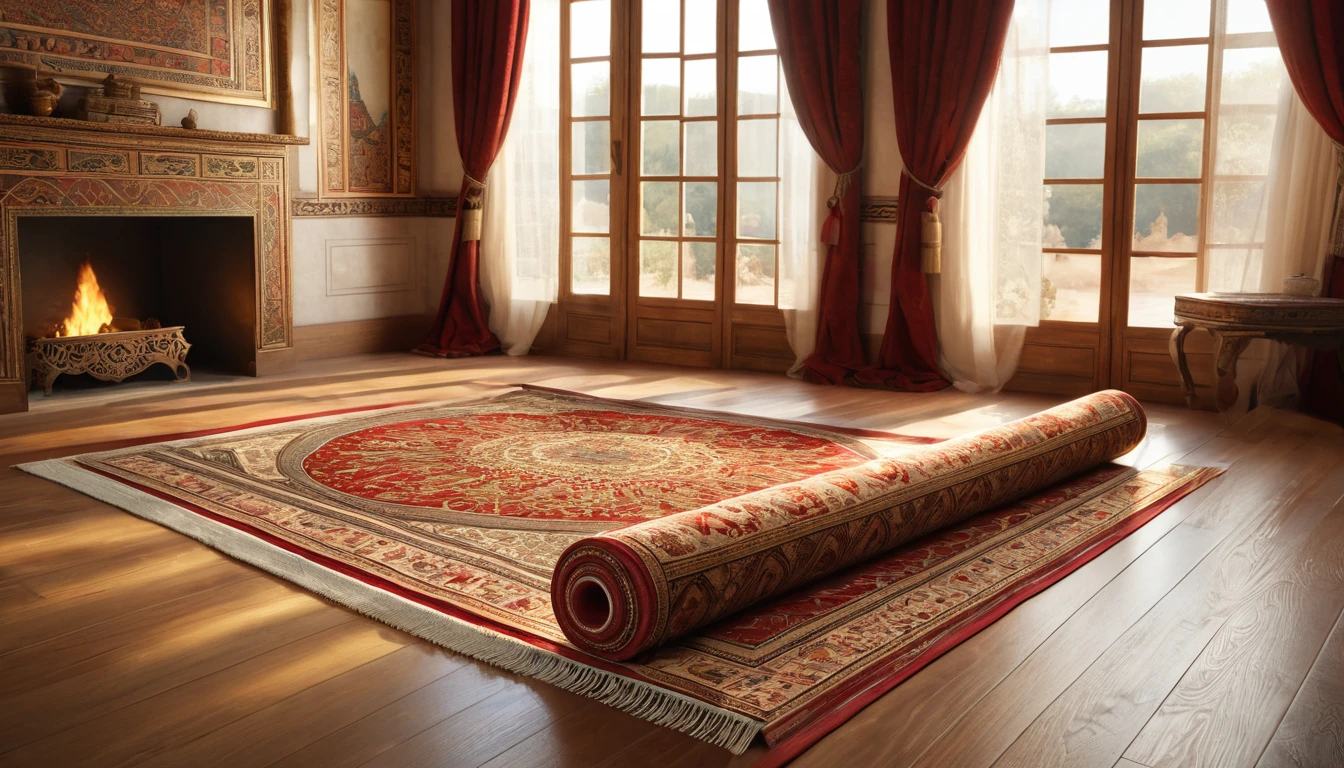 Mit jelent szőnyegről álmodni? - Személyes álomfejtés és értelmezés Egy gyönyörű, piros és arany szőnyeg egy világos szobában, tűzhely mellett.