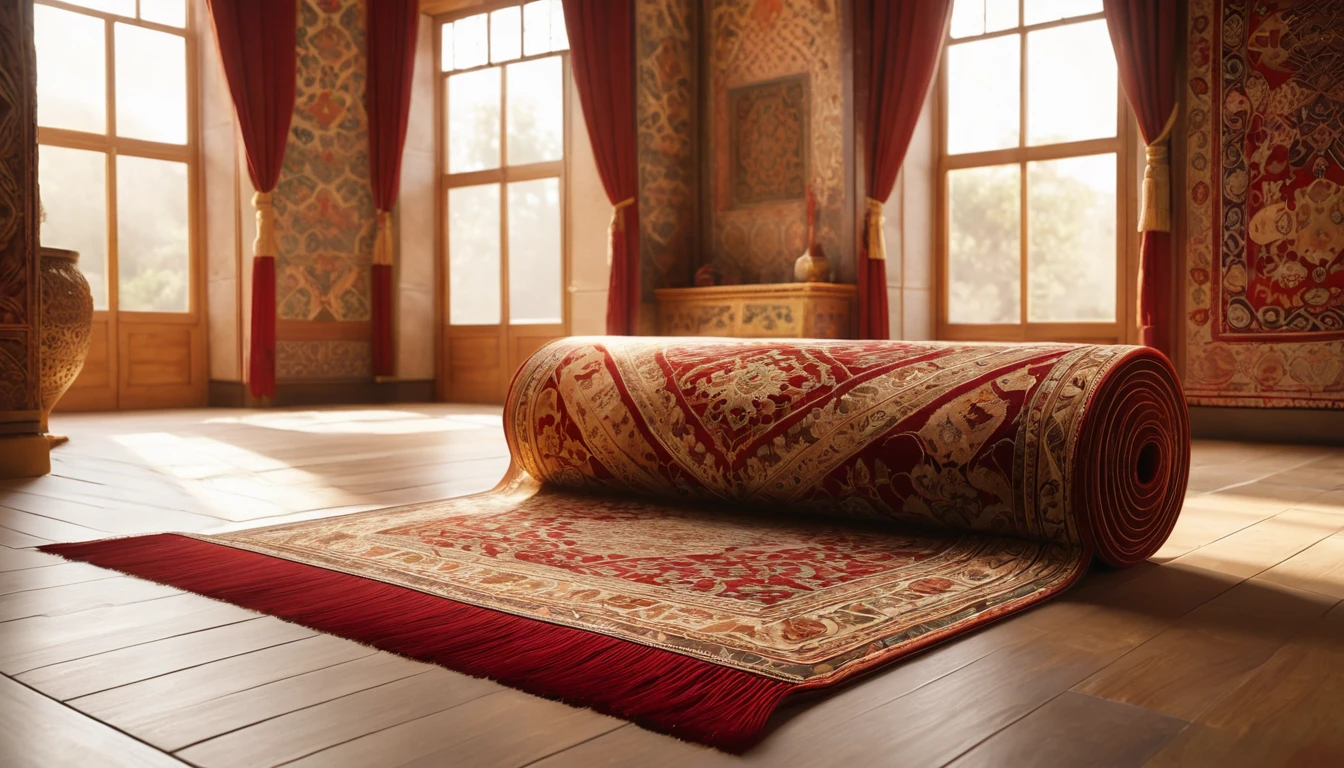 Mit jelent szőnyegről álmodni? - Személyes álomfejtés és értelmezés Egy gyönyörű, piros és arany mintázatú szőnyeg, amely egy világos szobában fekszik.
