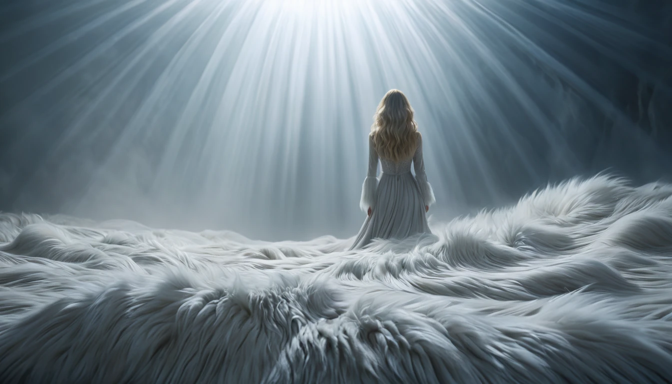 Egy nő áll egy fehér szőrmével borított tájon, fénycsóvák világítanak rá.