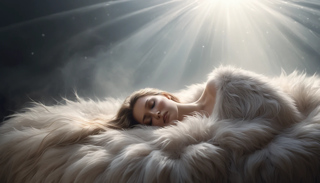 Egy fiatal nő pihen egy puha szőrmén, álmosan, békés környezetben.