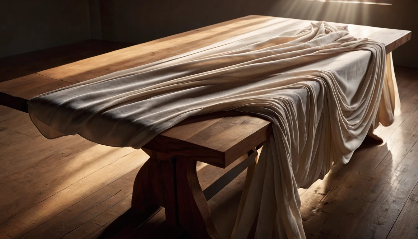 Mit jelent szövetről álmodni? - Álomfejtés és értelmezés Egy faasztalon elterített, lágy textúrájú szövet, amely fényben játszik.