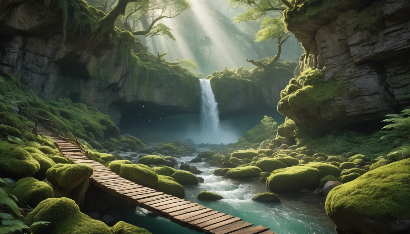 Zöldellő szurdok, vízeséssel és fából készült híddal, álomfejtéshez kapcsolódóan.