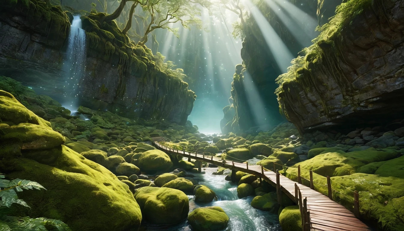 Zöldellő szurdok, vízeséssel és fénysugarakkal, amely a természet szépségét mutatja.