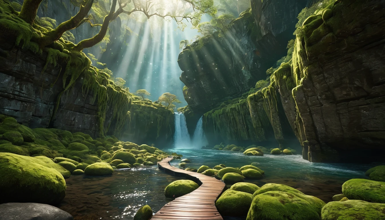 Zöldellő szurdok, vízeséssel és fénysugarakkal, álomfejtéshez kapcsolódóan.