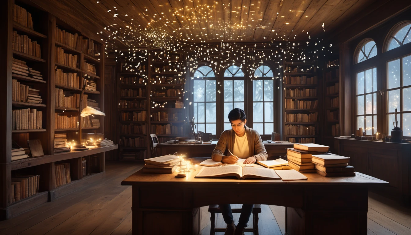 Mit jelent tanulással álmodni? - Online álomfejtés és értelmezés Egy fiatal férfi tanul egy könyvtárban, varázslatos fényekkel körülvéve.
