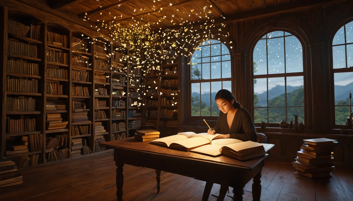 Mit jelent tanulással álmodni? - Online álomfejtés és értelmezés Egy fiatal nő tanul egy könyvtárban, varázslatos fényekkel körülvéve.