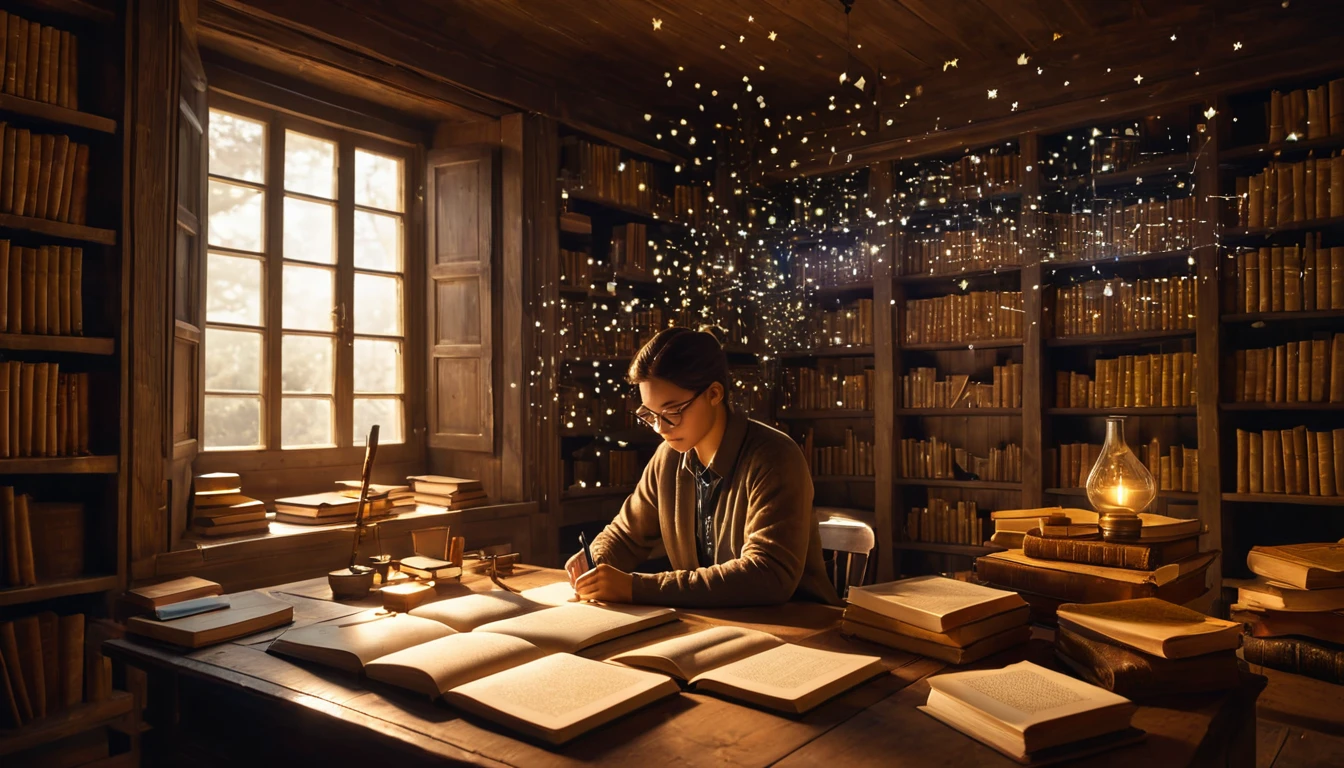 Mit jelent tanulással álmodni? - Online álomfejtés és értelmezés Egy fiatal nő tanul egy könyvtárban, körülötte könyvek és fények.