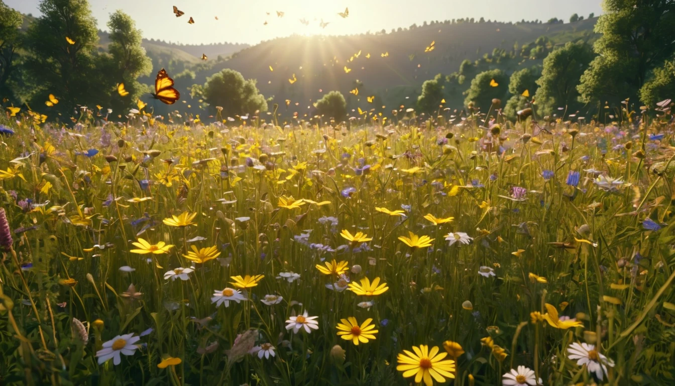 Tavaszi virágmező, napfényben repkedő pillangókkal, megújulás szimbóluma.