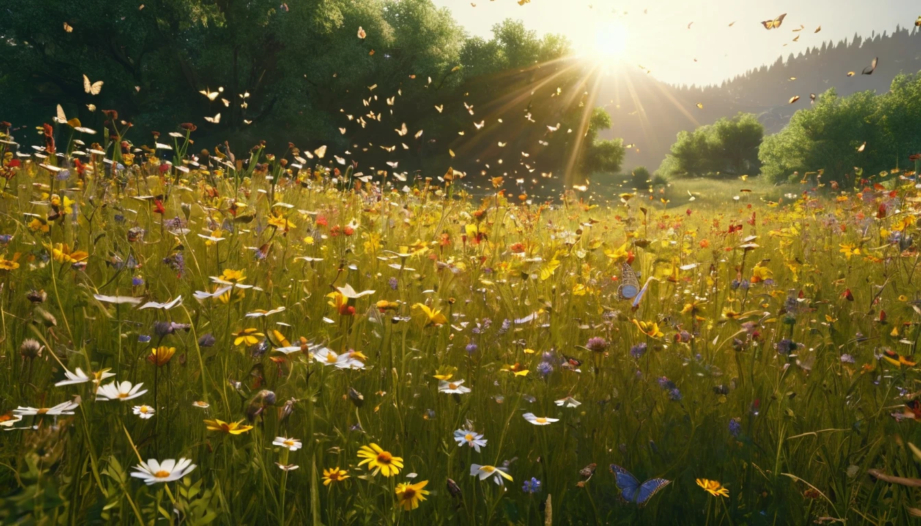 Tavaszi virágmező, színes virágokkal és lepkékkel, napfényben.