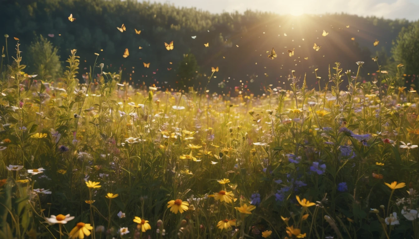Tavaszi virágmező, színes virágokkal és pillangókkal, napfényben.