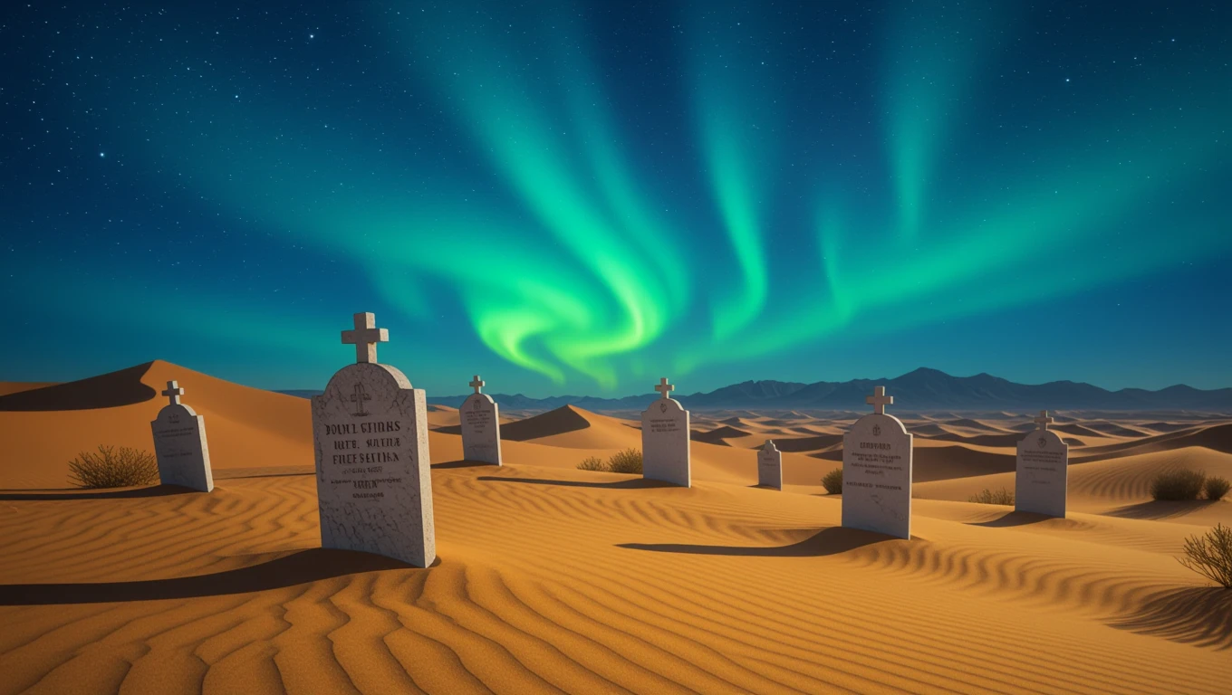 Egy temető homokdűnék között, zöld és kék aurora borealis a háttérben.