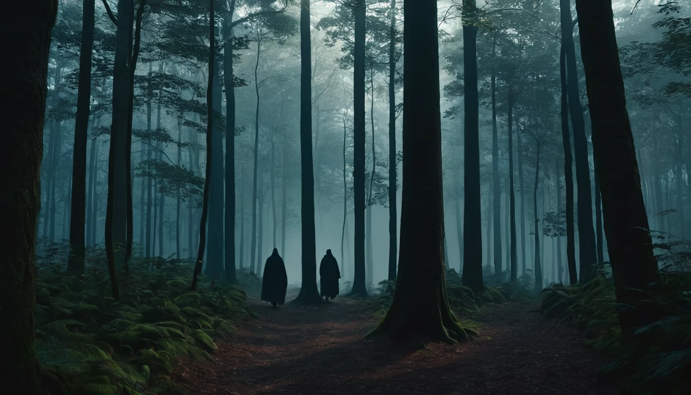 Két alak sötét köpenyben sétál egy ködös erdőben, titokzatos hangulatot teremtve.