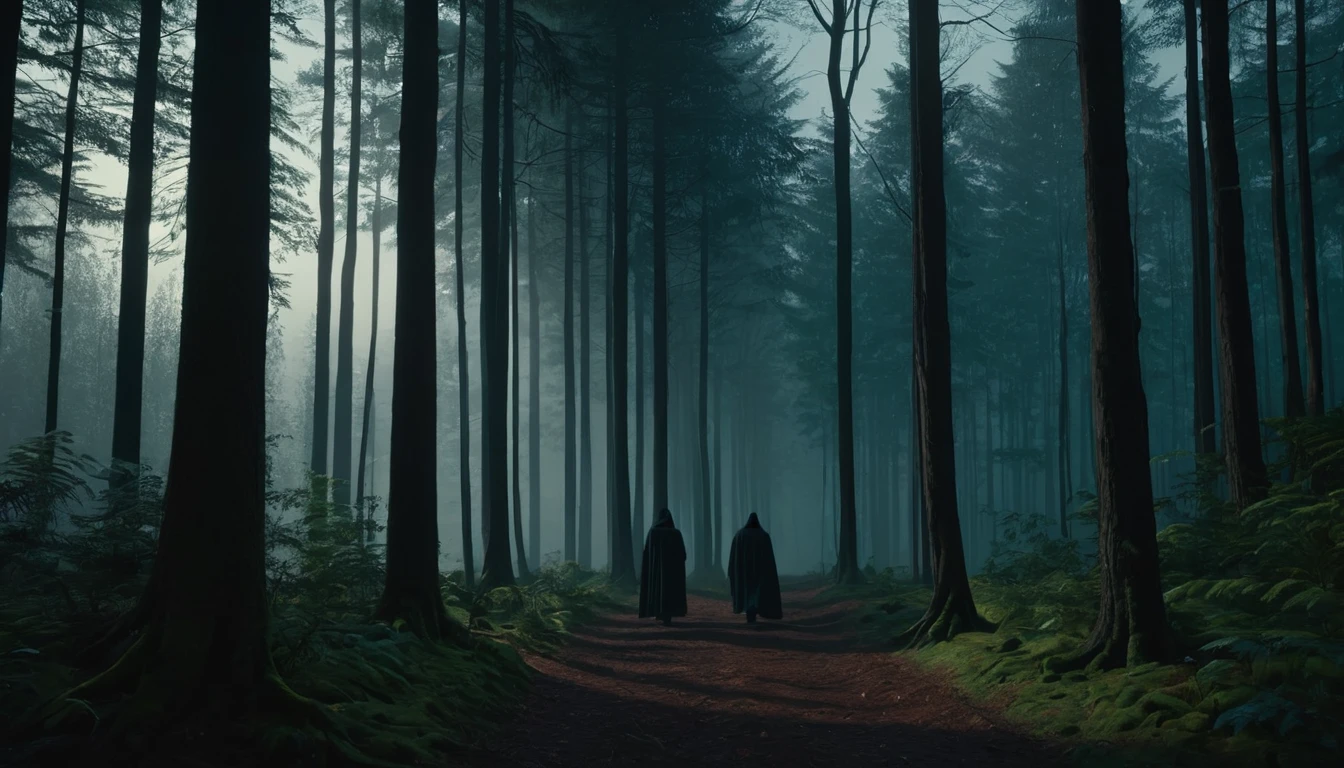 Két alak sétál egy ködös erdőben, titokzatos hangulatot árasztva.