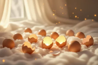 Több tojáshéj hever egy puha felületen, néhány héj repedt, fény szűrődik át rajtuk.