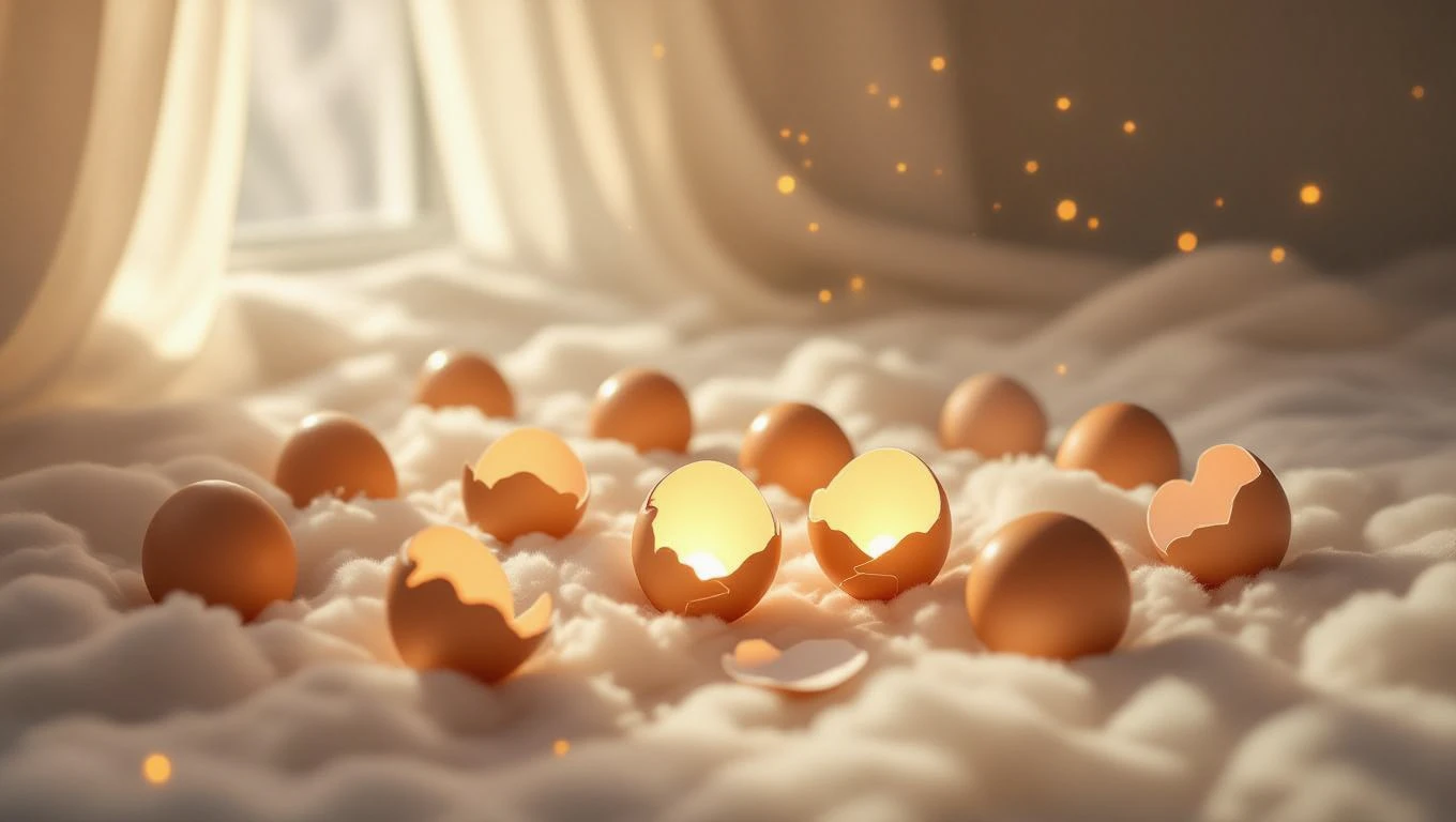Mit jelent tojáshéjról álmodni? Több tojáshéj hever egy puha felületen, néhány héj repedt, fény szűrődik át rajtuk.