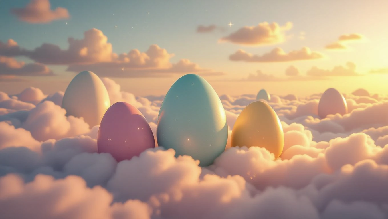 Mit jelent tojással álmodni? – Részletes álomfejtés és értelmezés Színes tojások lebegnek a felhők felett, álomszerű tájban.