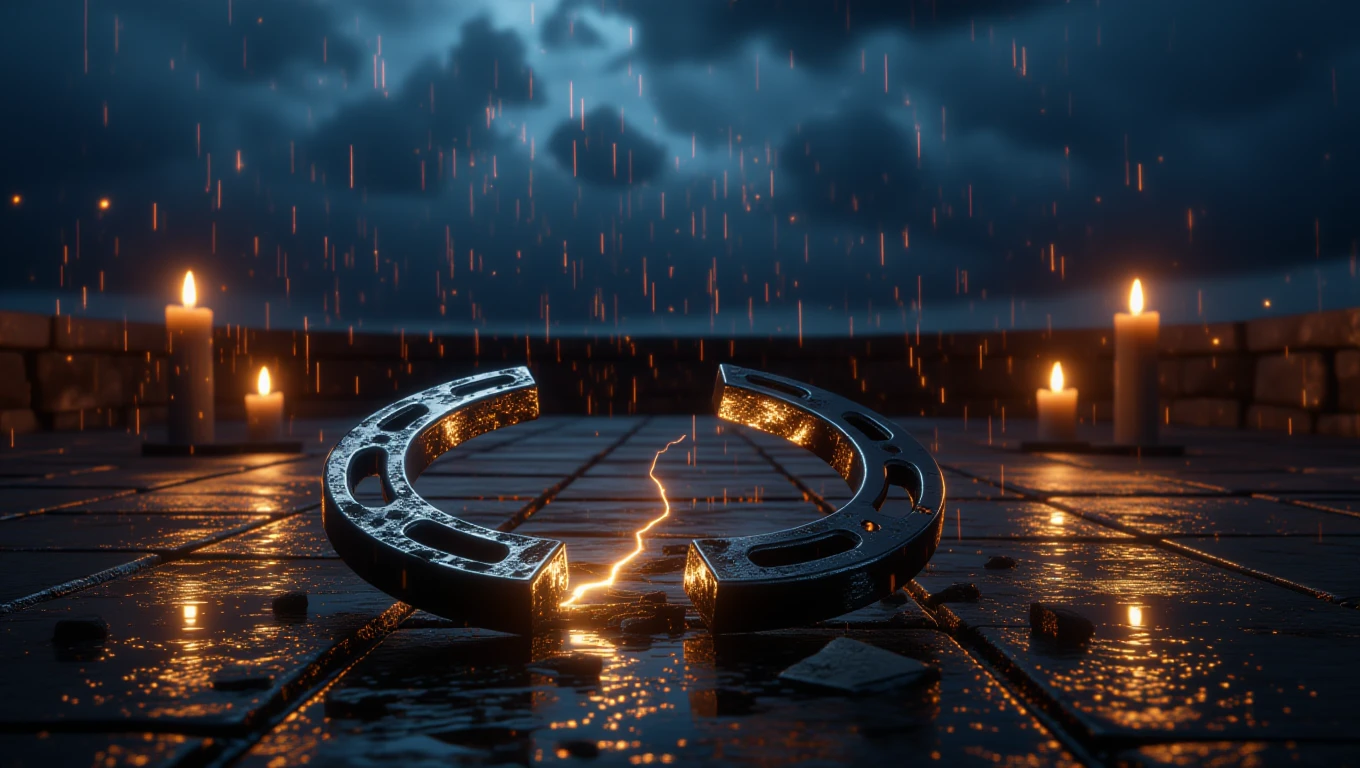 Egy törött patkó látható esőben, gyertyák fényében, sötét háttérrel.