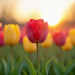 Színes tulipánok, vörös és sárga virágok, naplementében.