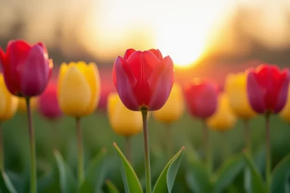 Színes tulipánok, vörös és sárga virágok, naplementében.