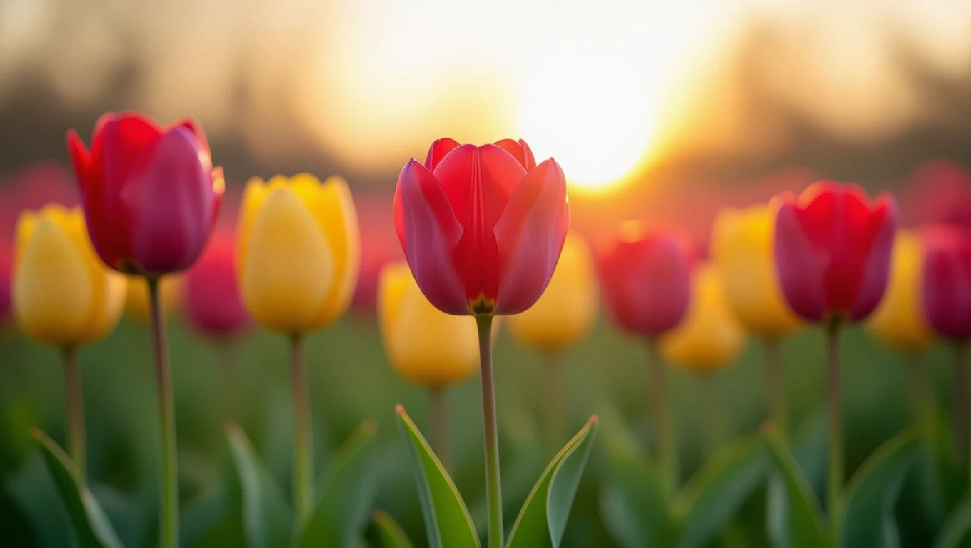 Tulipánnal álmodni – szimbolika és álomfejtés Színes tulipánok, vörös és sárga virágok, naplementében.