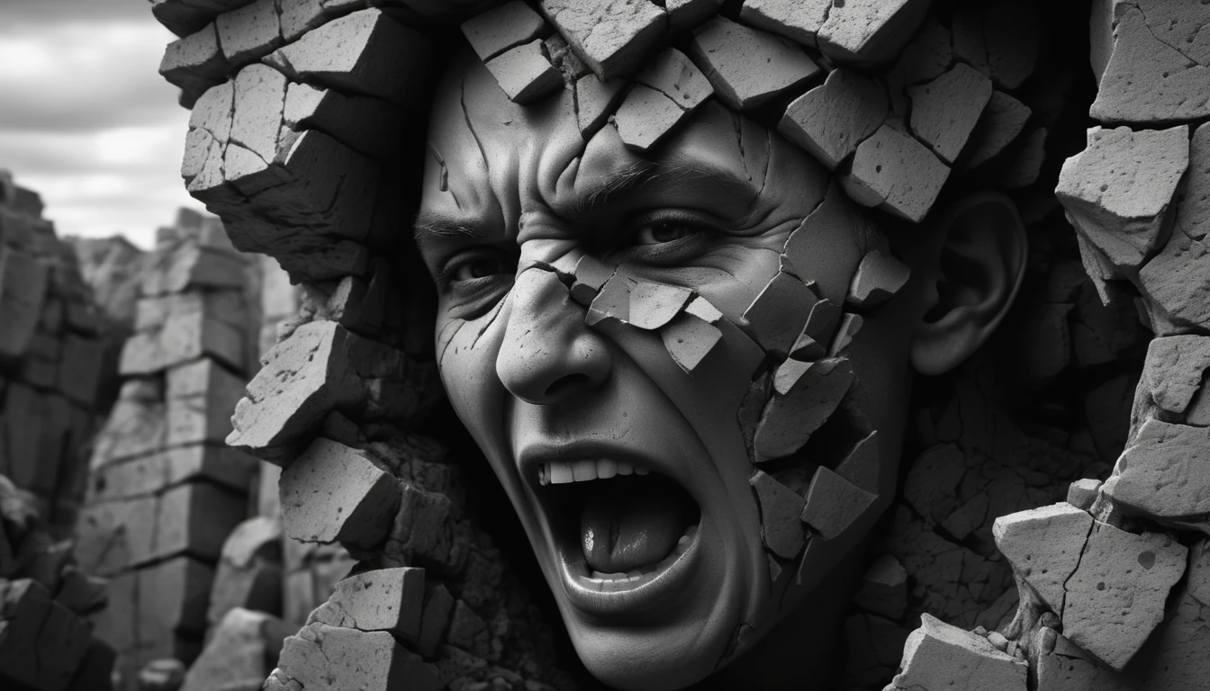 Mit jelent üvöltéssel álmodni? - Átfogó álomfejtés és értelmezés Egy férfi arca, aki üvölt, körülötte törött falak és darabok.