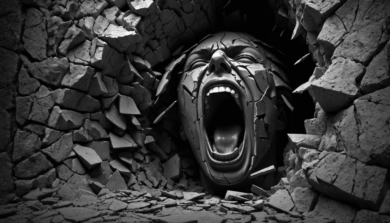 Mit jelent üvöltéssel álmodni? - Átfogó álomfejtés és értelmezés Egy üvöltő arc látható, amely egy törött falból emelkedik ki, sötét háttérrel.