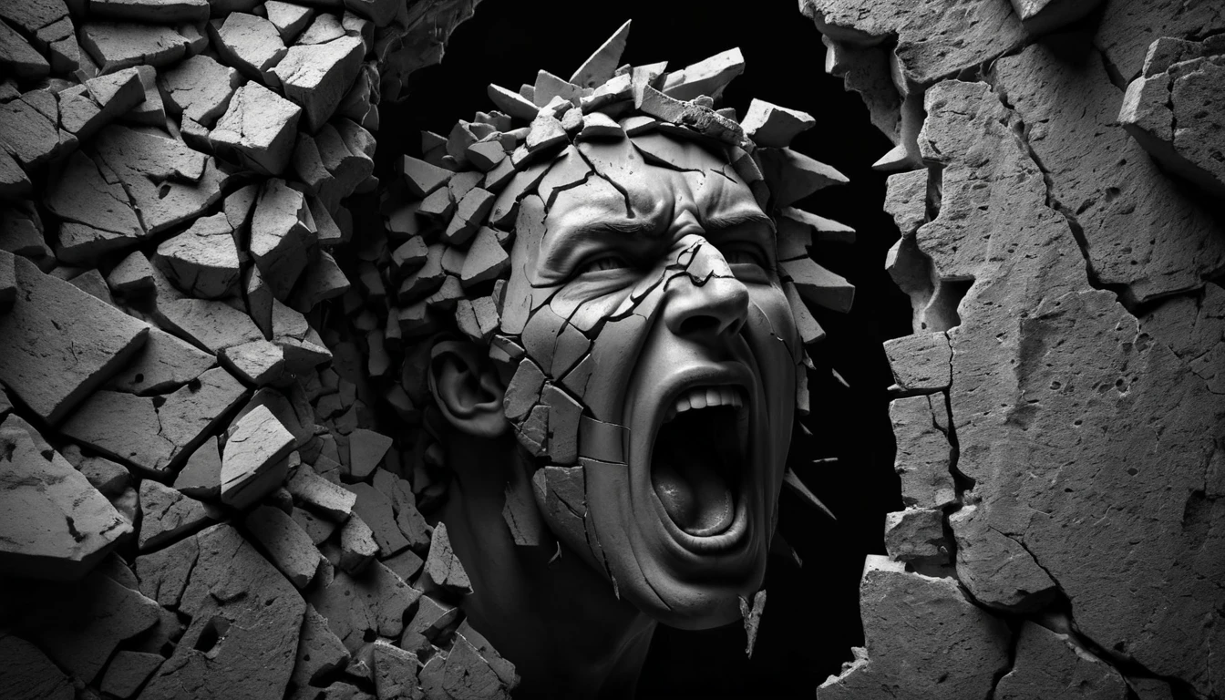 Mit jelent üvöltéssel álmodni? - Átfogó álomfejtés és értelmezés Egy üvöltő férfi feje, amely törött falból emelkedik ki, sötét háttérrel.