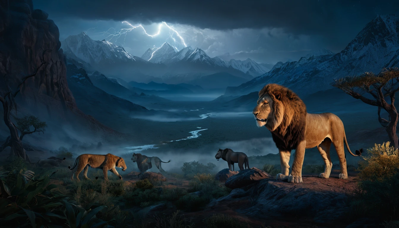 Egy oroszlán és más vadállatok egy hegyvidéki tájon, viharos éjszakában.